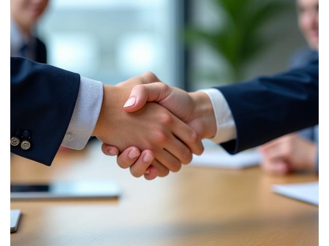 Twee professionals schudden handen over een tafel, symboliseert een succesvolle mediapartnerschap en samenwerking.