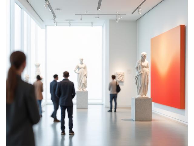 Binnenkant van een modern kunstmuseum met sculpturen en bezoekers, staat voor cultuur en kunstnieuws.