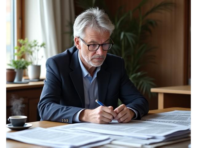 Hoofdredacteur die geconcentreerd een krant leest aan een bureau, staat voor algemeen redactiewerk.