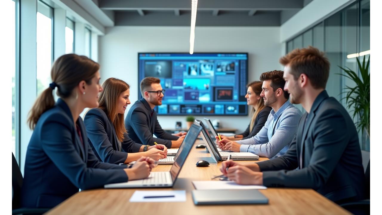 Team van nieuwsredacteuren die samenwerken aan een desk met computers en notitieblokken, symboliseert samenwerking en professionele communicatie.