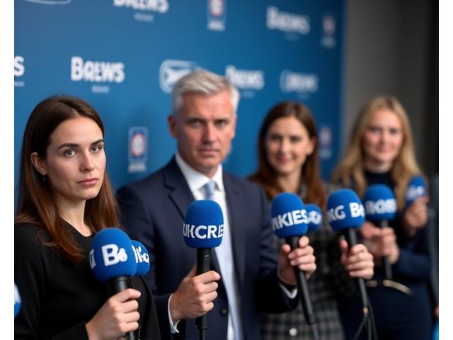 Nieuwsverslaggevers met microfoons tijdens een persconferentie, in een professionele setting.