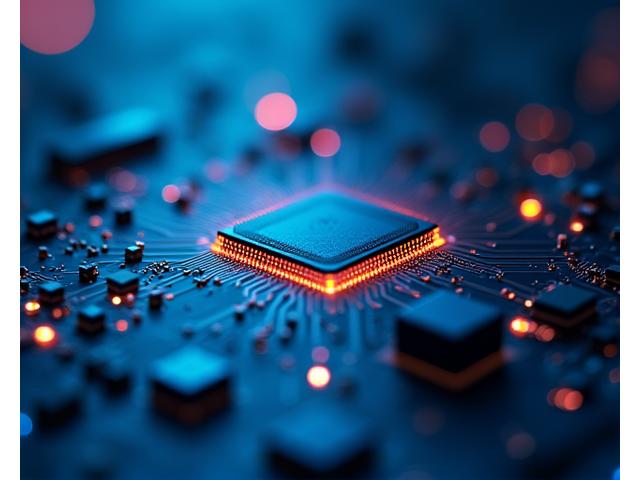Futuristische microchip met blauw licht en datastromen, symboliseert technologie en innovatie.