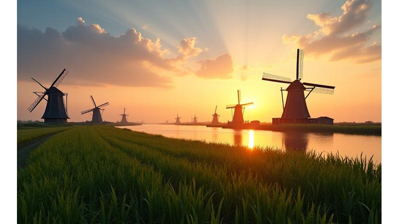 Windmolens van Kinderdijk bij zonsondergang