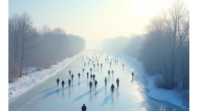 Schaatsers onderweg tijdens de legendarische Elfstedentocht op dichtgevroren vaart