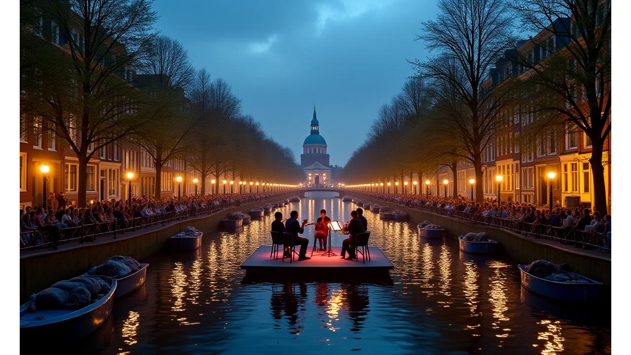 Pianoconcert op een drijvend podium in de Amsterdamse grachten