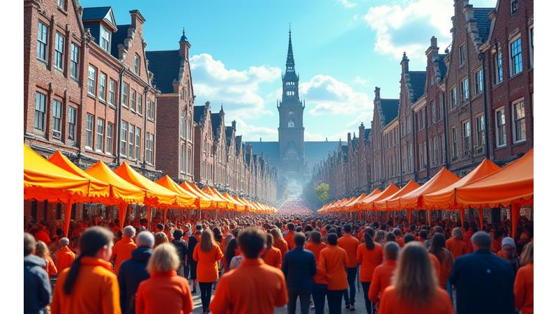 Drukke Koningsdag viering in een Nederlandse stad met oranje geklede mensen