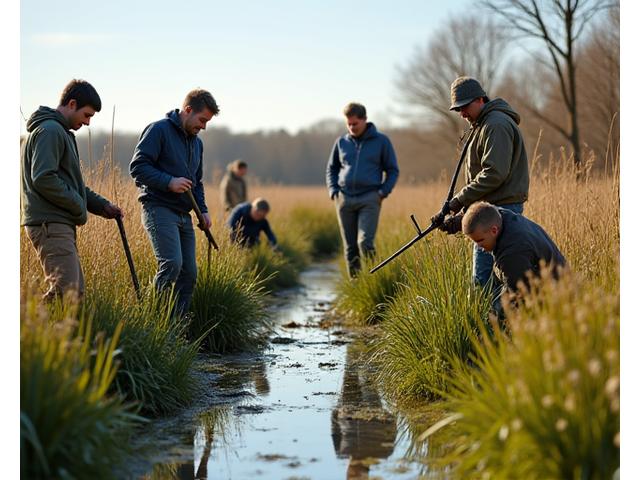 Vrijwilligers die werken aan een lokaal natuurherstelproject in Nederland