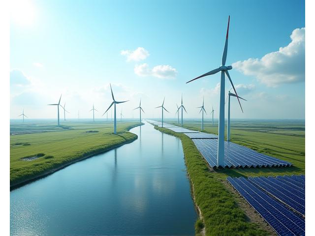 Gezicht op een Nederlands windpark en een aangrenzend zonnepark