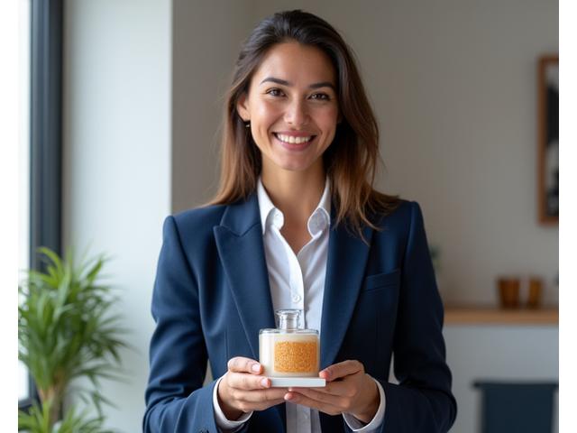 Portrait of a successful Dutch e-commerce entrepreneur smiling proudly with their product in hand.