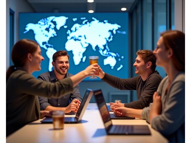 A small Dutch e-commerce team celebrating a successful product launch with laptops and champagne.