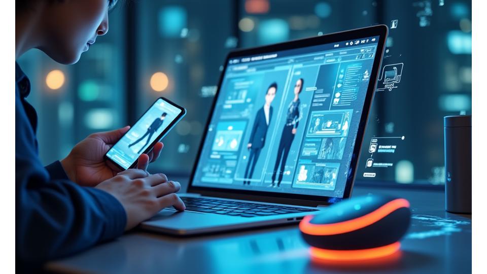 Demos van AI-gestuurde personalisatie, AR-shopping en stemgestuurde e-commerce interfaces op verschillende schermen.