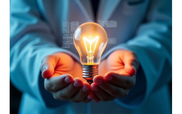 Handen die een gloeiende lamp vasthouden, symbool voor innovatie