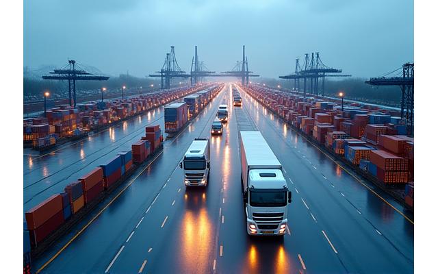 Modern logistiek centrum met vrachtwagens