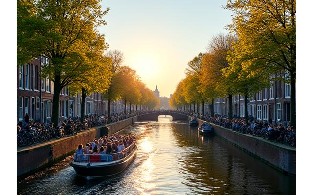 Iconische Nederlandse bezienswaardigheden, zoals een gracht in Amsterdam