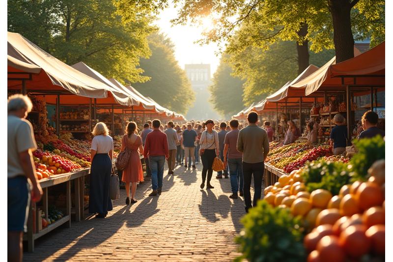 Vrolijke verkopers en klanten op een lokale boerenmarkt in Nederland