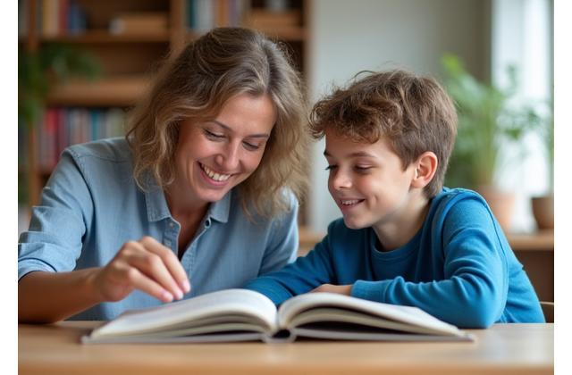 Een volwassene begeleidt een jongere bij het lezen van een boek