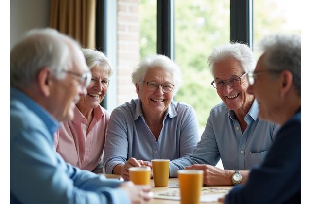 Oudere mensen lachen en socialiseren tijdens een gemeenschapsactiviteit