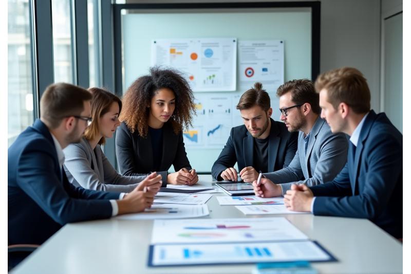 Een groep diverse experts in discussie rond een tafel met grafieken en documenten, symboliseert diepgaande analyse.