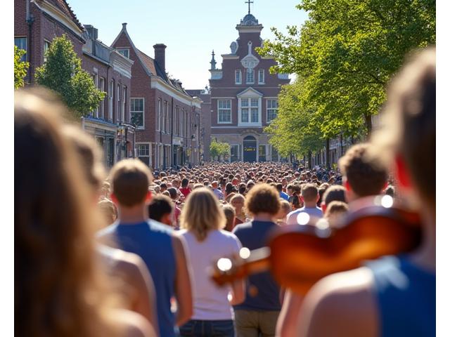 Mensen genieten van een openluchtconcert op een historisch plein in Nederland, met vrolijke sfeer.