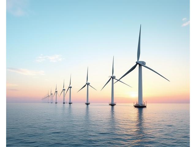 Een futuristisch ogende windturbine in de Noordzee, omringd door kalm water, symboliseert duurzame energie.