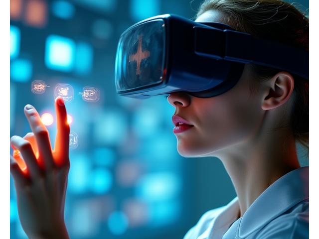 Een persoon met een futuristische VR-headset, omringd door abstracte digitale gegevens, symboliseert technologische vooruitgang.