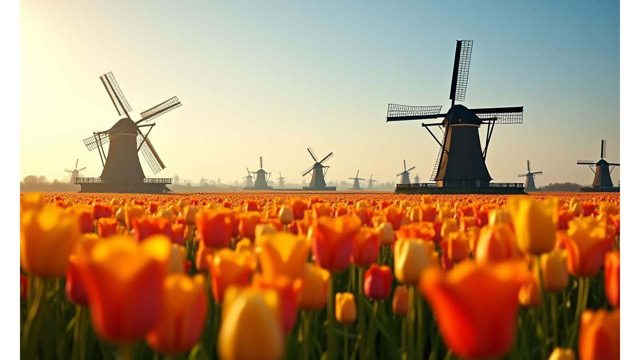 Windmolens in een Nederlands landschap met tulpenvelden op de voorgrond, een symbool van duurzaamheid en cultuur.