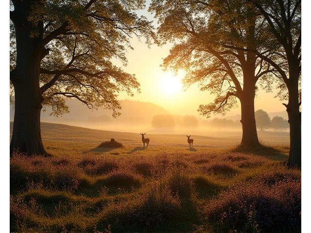 Een panoramisch uitzicht op een uitgestrekt natuurgebied op de Veluwe bij zonsondergang, met edelherten in de verte.