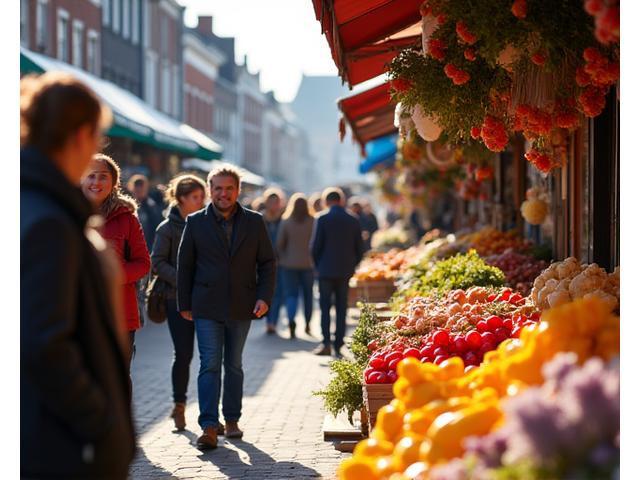 Een drukke markt in Den Haag, vol kleuren, mensen en verse producten, vangt de energie van de stad.