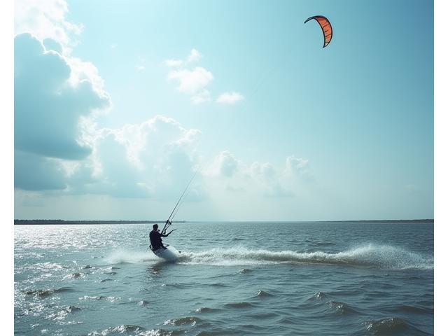 Een windsurfer op de Waddenzee met karakteristieke lucht en golven, toont de connectie met water en sport.