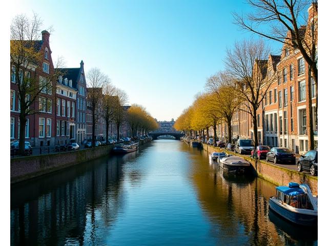Historische pakhuizen langs een Hollandse gracht in de stad, weerspiegeld in het water op een zonnige dag.