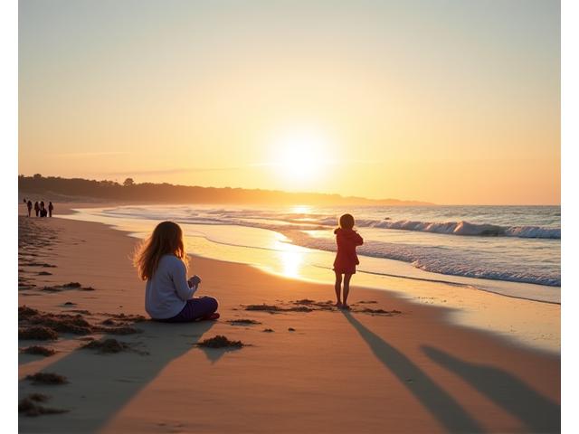 Kinderen spelen vrolijk op een strand aan de Noordzeekust tijdens golden hour, zandkastelen bouwend.