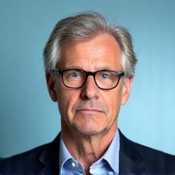 Portretfoto van Mark de Vries, een serieuze, ervaren journalist met grijzend haar en een doordachte uitdrukking.