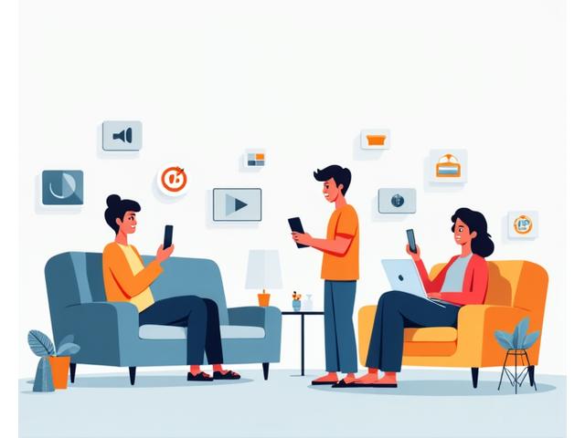 Illustratie van verschillende generaties die media consumeren op diverse apparaten