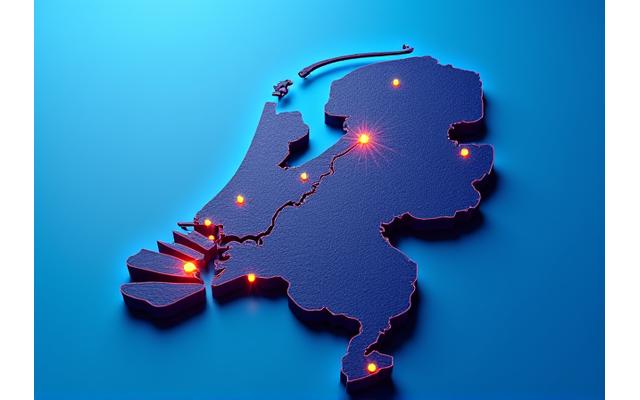 Kaart van Nederland met lichtpunten op verschillende steden, symboliseert lokale betrokkenheid