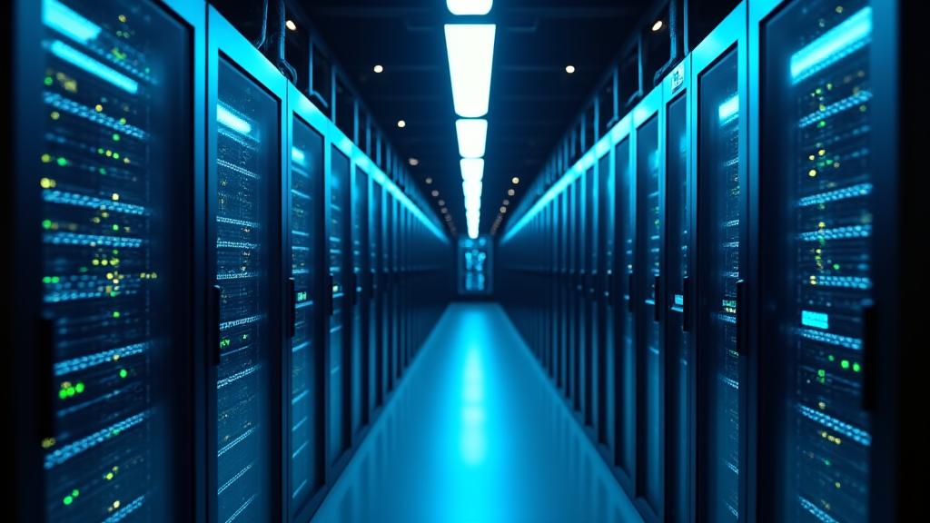 Een beveiligd datacenter of serverruimte, met knipperende lichten en netwerkkabels, symboliserend robuuste technische beveiligingsmaatregelen voor gegevensbescherming in Nederland.