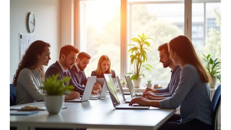 Een modern, licht kantoorinterieur met mensen die samenwerken, symboliserend transparante communicatie en toegankelijkheid voor privacyvragen en klachten, in een Nederlandse context.