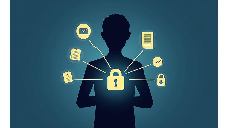 Illustratie van een persoon die controle heeft over hun persoonlijke data met iconen van privacy, een document en een slot, symboliserend gebruikersrechten en het AVG-kader in Nederland.