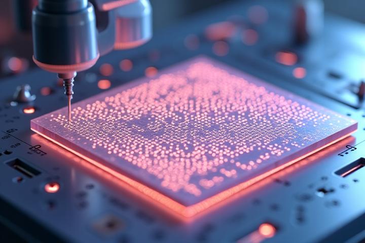 Close-up van een halfgeleider wafer met complexe patronen, belicht in een cleanroom