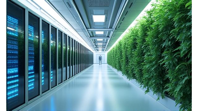 Groen datacenter interieur met rijen servers en energiezuinige koelsystemen