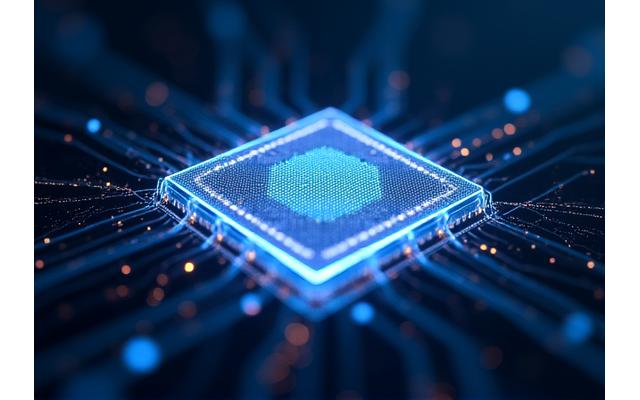 Abstracte weergave van een neurale netwerkchip, stralend met digitale data