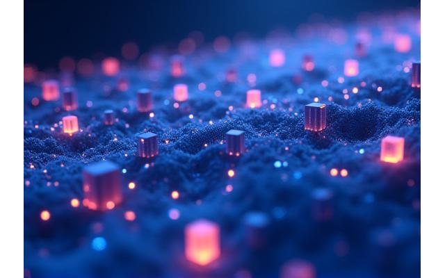 Visuele representatie van een blockchain netwerk met verbonden blokken en gloeiende lijnen